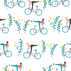 Fototapeta premium Seamless pattern of girls riding a bike. Vector illustration on gray background