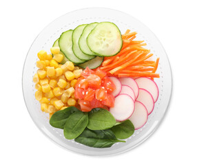 Delicious salad with salmon, vegetables and spinach in bowl isolated on white, top view