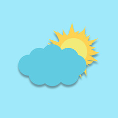 Minimalistic weather forecast symbol. Sun partly hidden behind cloud on blue background in square format.