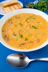 Legume soup from orange lentil with coconut milk and herb in white plate, spoon.