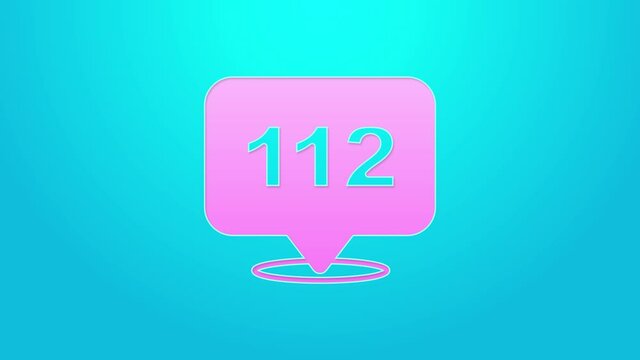 Pink line Telephone with emergency call 112 icon isolated on blue background. Police, ambulance, fire department, call, phone. 4K Video motion graphic animation
