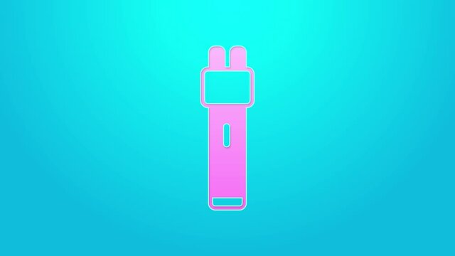 Pink line Police electric shocker icon isolated on blue background. Shocker for protection. Taser is an electric weapon. 4K Video motion graphic animation