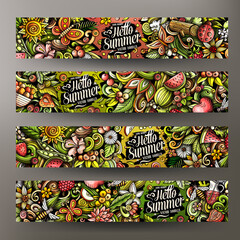 Cartoon cute doodles Summer Nature horizontal banners set