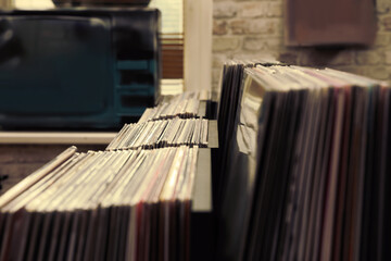 Many different vinyl records in store, closeup