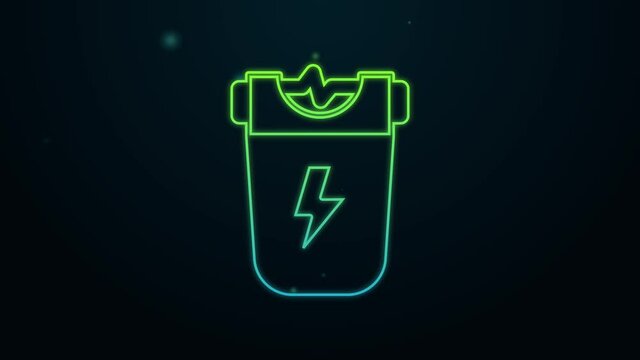 Glowing neon line Police electric shocker icon isolated on black background. Shocker for protection. Taser is an electric weapon. 4K Video motion graphic animation