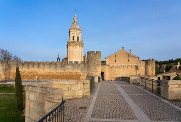 View of the medieval village of Burgo de Osma, the walls and the cathedral tower, Soria, Castilla y León, Spain.