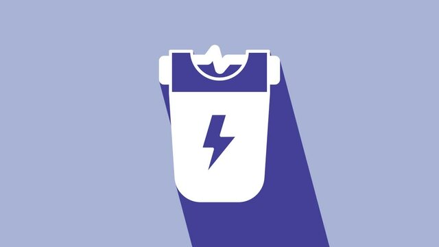 White Police electric shocker icon isolated on purple background. Shocker for protection. Taser is an electric weapon. 4K Video motion graphic animation
