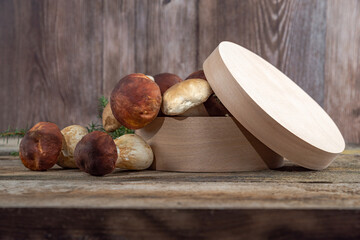 Fresh boletus mushrooms on a wooden background still life