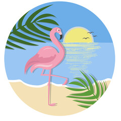 Pink flamingo on the beach, sunset over the sea
