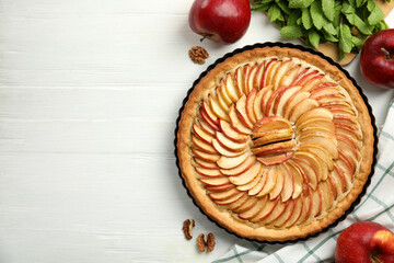Flat lay composition with delicious homemade apple tart on white wooden table. Space for text - obrazy, fototapety, plakaty