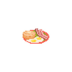 Pixel art breakfast. Retro pixel bit icon of plate with ham, eggs and pancakes. Breakfast plate for game, assets, print, app, sticker, web design, fabric, paper, decoration, Vector pixel breakfast.
