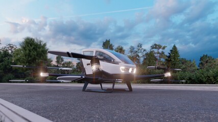 Fototapeta In the early morning, a high-tech air taxi departs for its destination. View of an unmanned aerial passenger vehicle. 3D Rendering. obraz