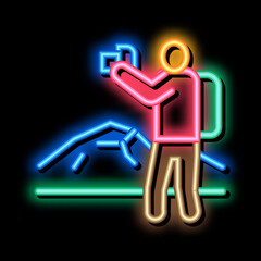photographer hiking neon light sign vector. Glowing bright icon photographer hiking sign. transparent symbol illustration