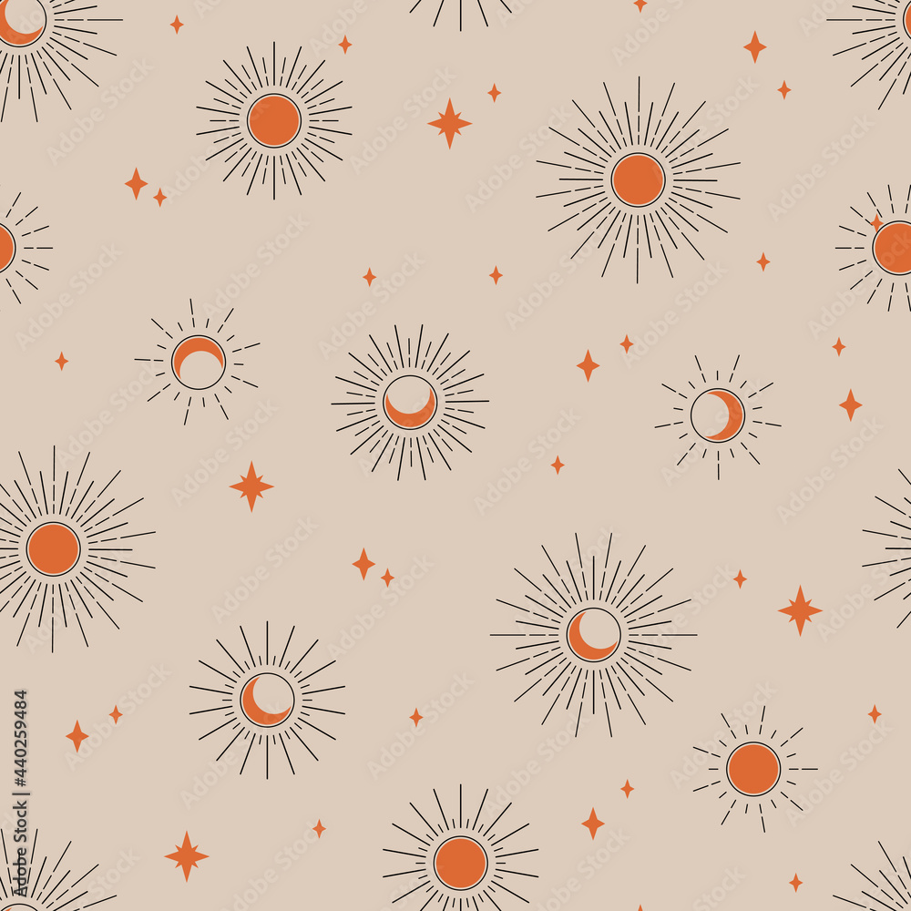 Wall mural seamless pattern with sun and moon. bohemian contemporary composition. boho wall decor. mid century 