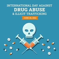 International day against drug abuse and illicit trafficking background design. Flat style vector illustration of flat lay top view of capsule, pill drugs, skull, and injection.