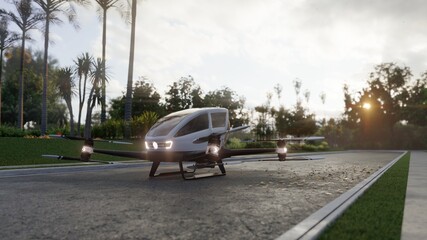 An unmanned passenger air taxi stands on the road waiting for a client. View of an unmanned aerial passenger vehicle. 3D Rendering. - obrazy, fototapety, plakaty