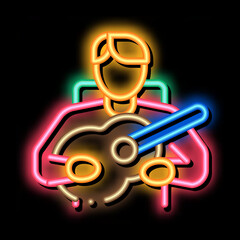 bard playing on guitar neon light sign vector. Glowing bright icon bard playing on guitar sign. transparent symbol illustration