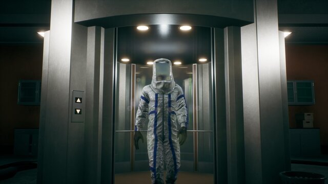 The physicist leaves the elevator and walks down the corridor into the room with the fusion reactor. 3D Rendering.