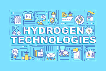 Fototapeta na wymiar Hydrogen technologies word concepts banner. Revolutionary energy source. Infographics with linear icons on blue background. Isolated creative typography. Vector outline color illustration with text