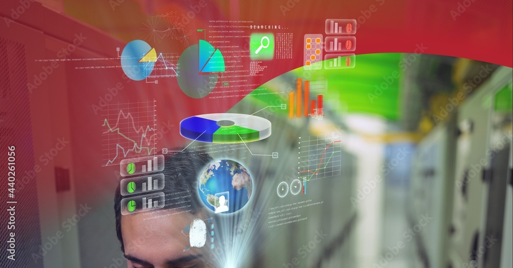 Poster digital interface against caucasian man working in server room against red technology background