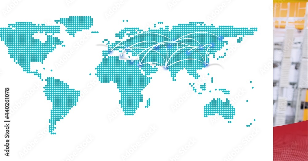 Poster digitally generated image of light trails over world map against white background