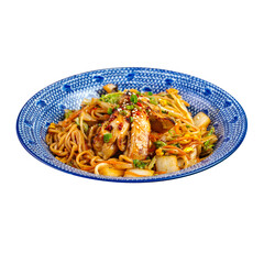 Isolated bowl of asian shrimp noodle wok dish on white background