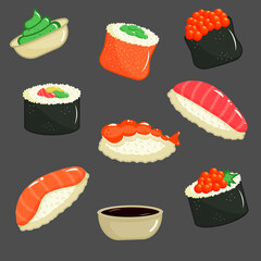 Sushi set. Asian Japanese restaurant food. Vector illustration. 