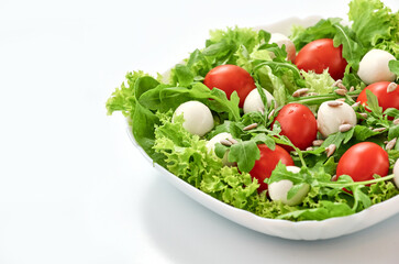 Close up salad with mozzarella cheese arugula, lettuce leaves, spinach, tomatoes and sunflower seeds