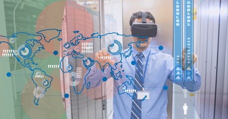 World map and data processing against caucasian man wearing vr headset in server room