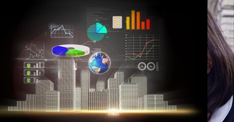 Digital interface with data processing over 3d city model against grey background