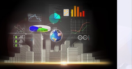 Digital interface with data processing over 3d city model against grey background