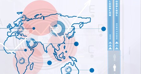 Digitally generated image of world map and data processing against white background