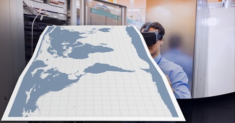 World map over caucasian man wearing vr headset in server room