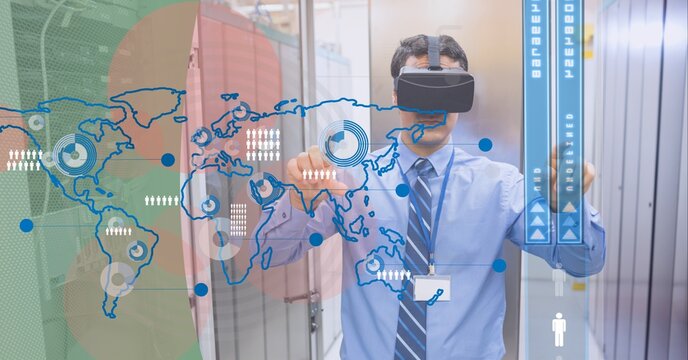 World map and data processing against caucasian man wearing vr headset in server room