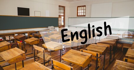 Composition of text english, over empty chairs and desks in classroom