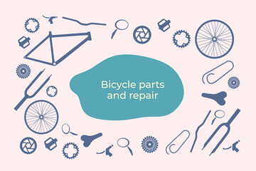 Bicycle parts banner. Spare for bike repair and service, workshop. Pattern. Frame. Saddle. Brake. Pedal. Tire. Spoke. Fork. Rear derailleur. Rim. Chain ring. Colorful flat vector illustration isolated - obrazy, fototapety, plakaty
