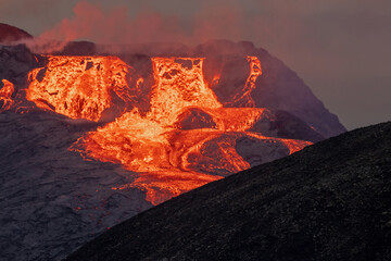 Fagradalsfjall, Iceland - June 11th, 2021: volcano eruption near Reykjavik, Iceland