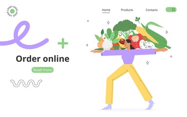 Concept of order food online. Flat vector illustration with dietetic or organic products or balanced nutrition. A young woman uses a mobile app or website to order or delivery.
