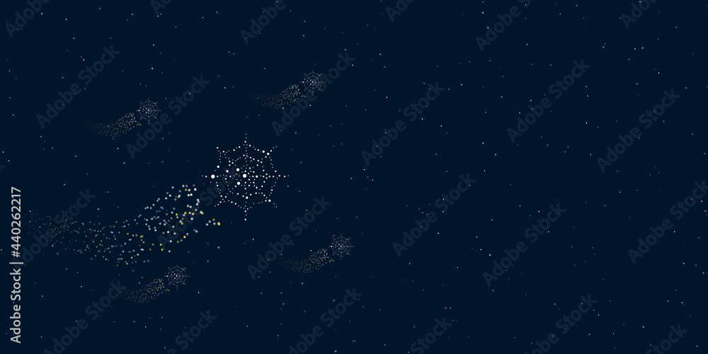 Poster a spider web symbol filled with dots flies through the stars leaving a trail behind. there are four 