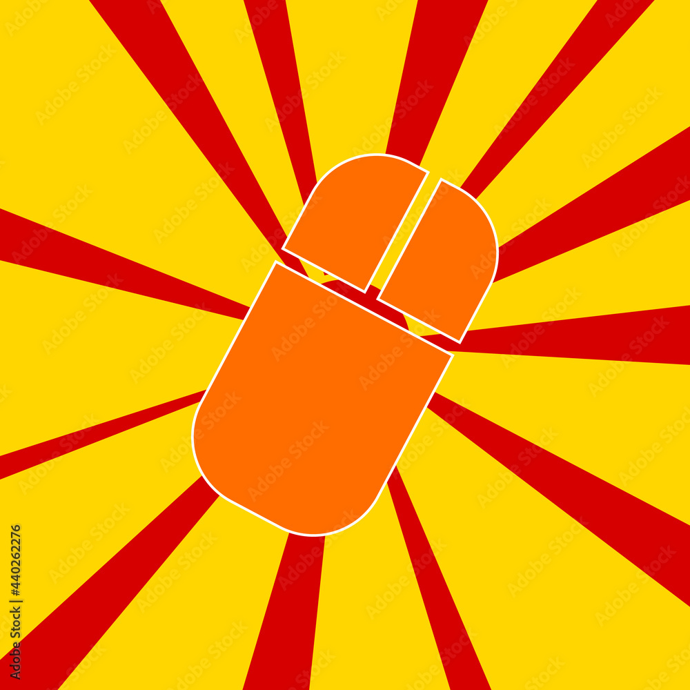 Poster computer mouse symbol on a background of red flash explosion radial lines. a large orange symbol is 