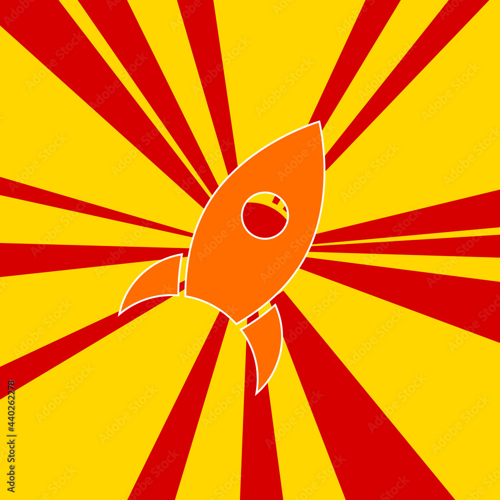 Poster rocket symbol on a background of red flash explosion radial lines. the large orange symbol is locate