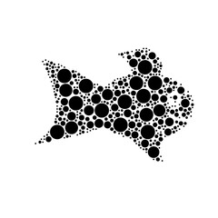 A large gold fish symbol in the center made in pointillism style. The center symbol is filled with black circles of various sizes. Vector illustration on white background