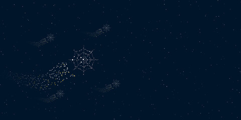 A spider web symbol filled with dots flies through the stars leaving a trail behind. There are four small symbols around. Vector illustration on dark blue background with stars