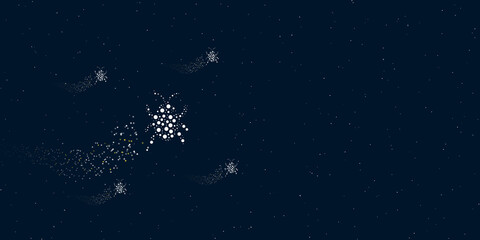 A bug symbol filled with dots flies through the stars leaving a trail behind. Four small symbols around. Empty space for text on the right. Vector illustration on dark blue background with stars