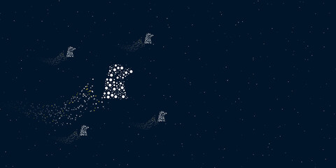 Fototapeta na wymiar A industrial pollution symbol filled with dots flies through the stars leaving a trail behind. There are four small symbols around. Vector illustration on dark blue background with stars