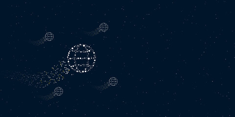 Obraz na płótnie Canvas A web symbol filled with dots flies through the stars leaving a trail behind. Four small symbols around. Empty space for text on the right. Vector illustration on dark blue background with stars
