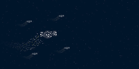 Fototapeta na wymiar A handshake symbol filled with dots flies through the stars leaving a trail behind. Four small symbols around. Empty space for text on the right. Vector illustration on dark blue background with stars