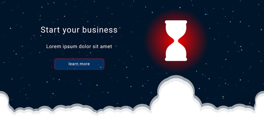 Business startup concept Landing page screen. The hourglass symbol on the right is highlighted in bright red. Vector illustration on dark blue background with stars and curly clouds from below