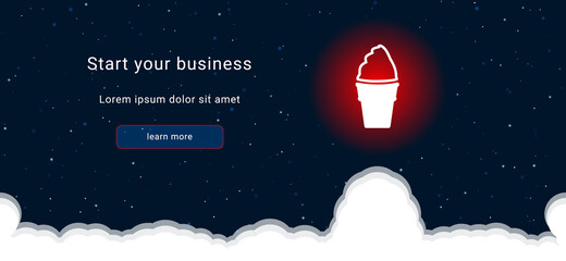Fototapeta na wymiar Business startup concept Landing page screen. The ice cream symbol on the right is highlighted in bright red. Vector illustration on dark blue background with stars and curly clouds from below