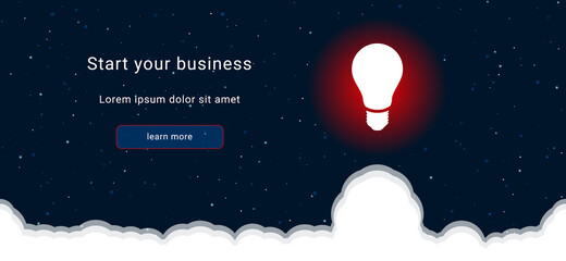 Business startup concept Landing page screen. The lamp symbol on the right is highlighted in bright red. Vector illustration on dark blue background with stars and curly clouds from below